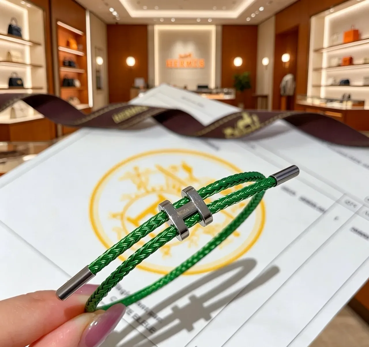 Hermès H-Clasp Braided Green Cord Bracelet 6