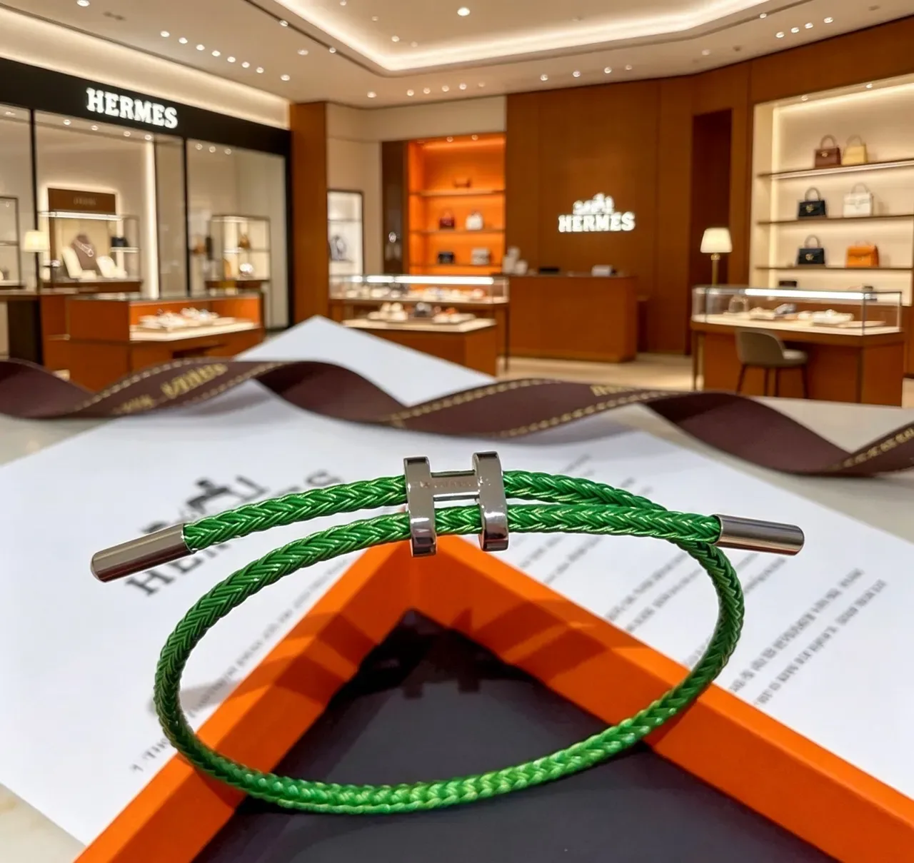 Hermès H-Clasp Braided Green Cord Bracelet 7