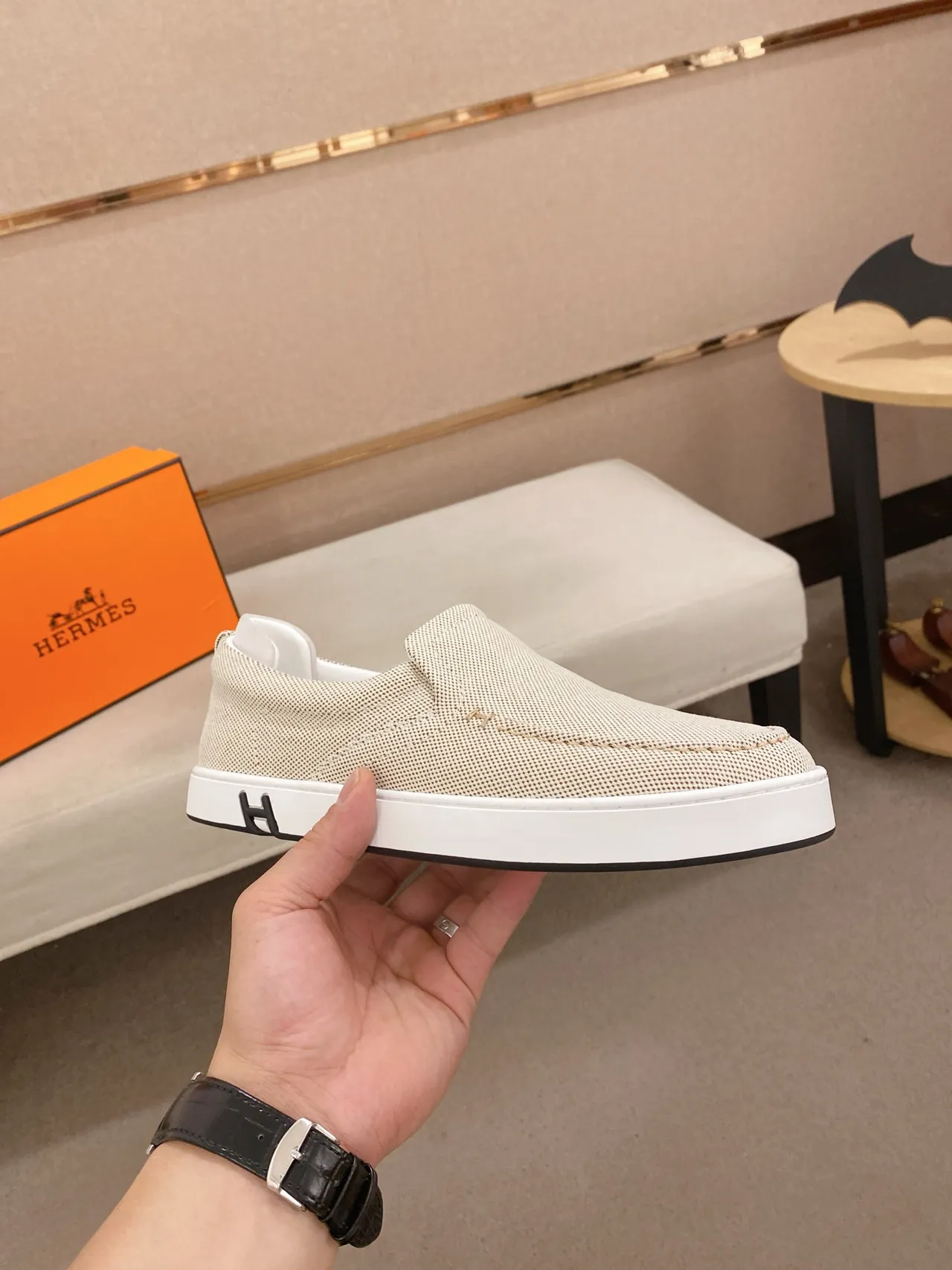 Hermès H Logo Loafer Beige Woven Slip-On Loafer 4