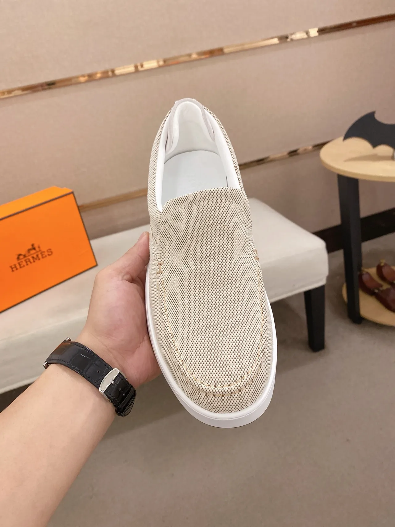 Hermès H Logo Loafer Beige Woven Slip-On Loafer 5