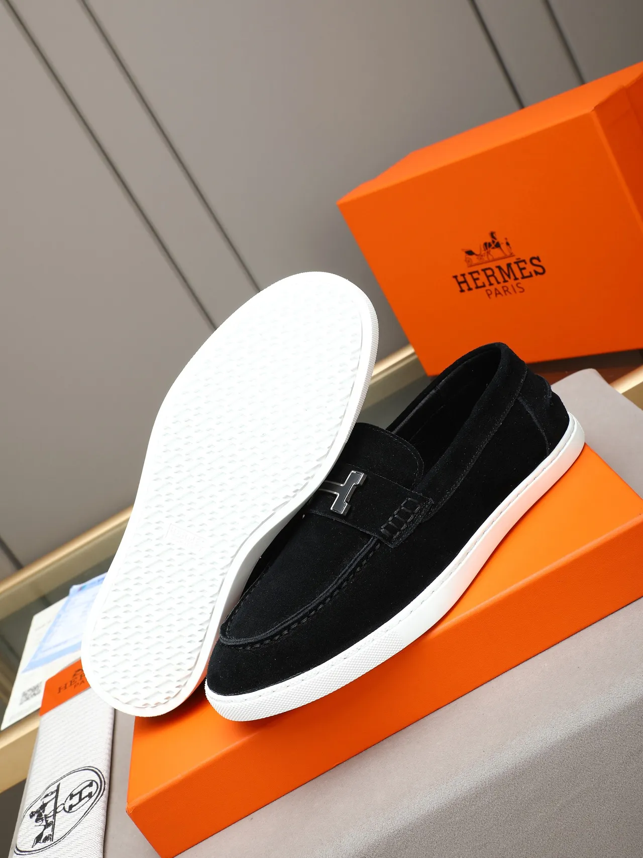 Hermès H Logo Loafer Black Suede White Sole Loafer 4
