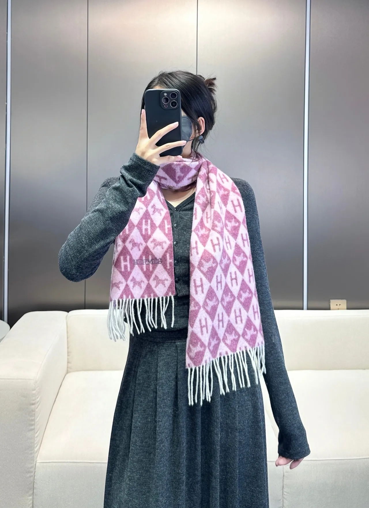 Hermès H Monogram Two-Tone Purple Cashmere Scarf 3