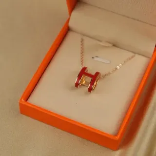 Hermès H Necklace Red Enamel Gold-Tone Pendant Necklace
