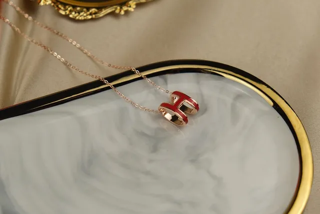 Hermès H Necklace Red Enamel Gold-Tone Pendant Necklace 3