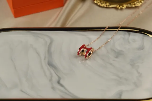 Hermès H Necklace Red Enamel Gold-Tone Pendant Necklace 4