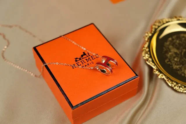 Hermès H Necklace Red Enamel Gold-Tone Pendant Necklace 5