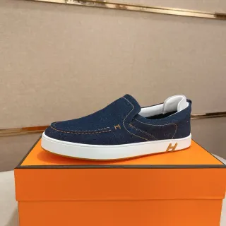 Hermès Navy Gold Denim Upper Slip-On Construction Casual Shoes