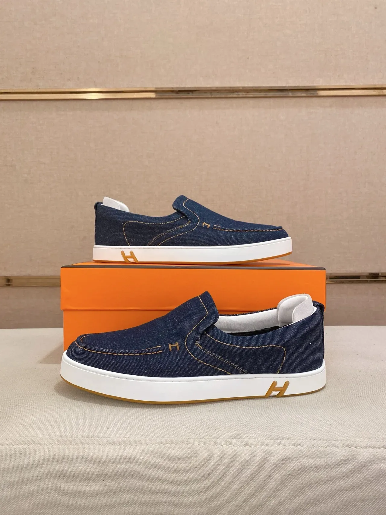 Hermès Navy Gold Denim Upper Slip-On Construction Casual Shoes 4
