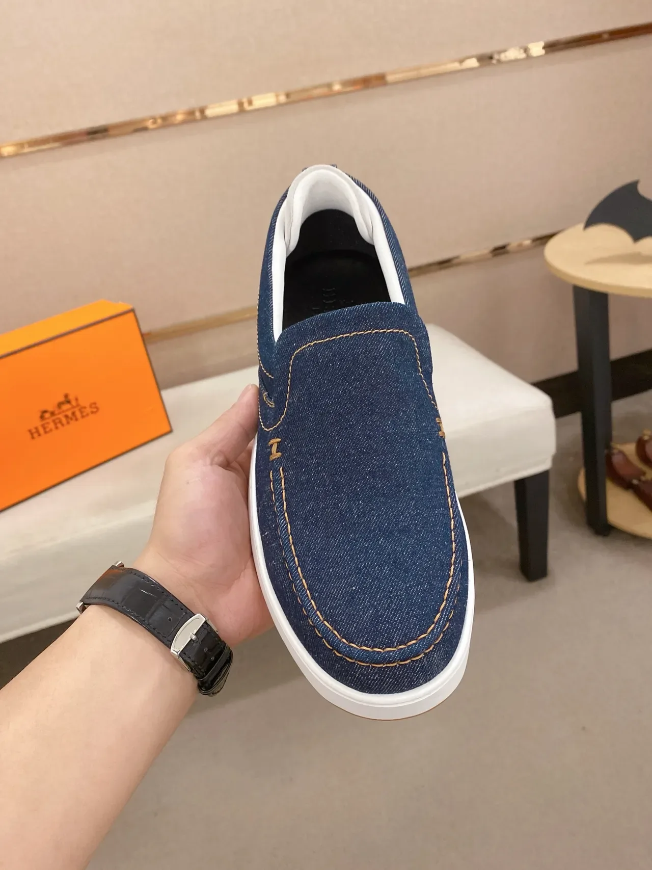 Hermès Navy Gold Denim Upper Slip-On Construction Casual Shoes 6
