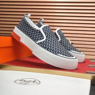 Hermès Navy White Slip-On Geometric-Print Upper Lifestyle Sneakers