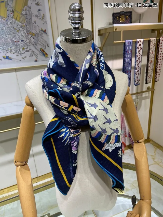 Hermès وشاح كشمير بحري أصفر نسيج herringbone حدود مطبوعة 6