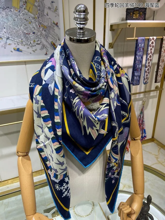 Hermès وشاح كشمير بحري أصفر نسيج herringbone حدود مطبوعة 7