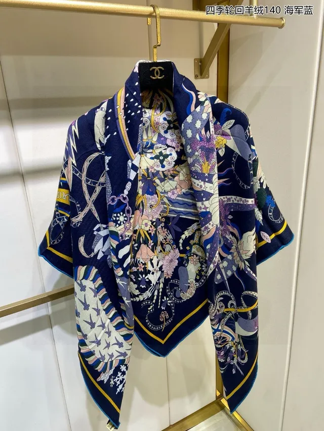 Hermès وشاح كشمير بحري أصفر نسيج herringbone حدود مطبوعة 8