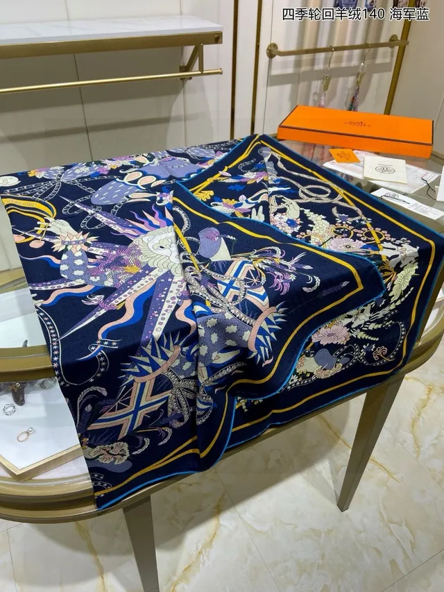 Hermès وشاح كشمير بحري أصفر نسيج herringbone حدود مطبوعة 9