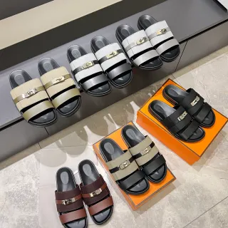 Hermès Oran Black Beige Double-Strap Metal H-Clasp Slippers