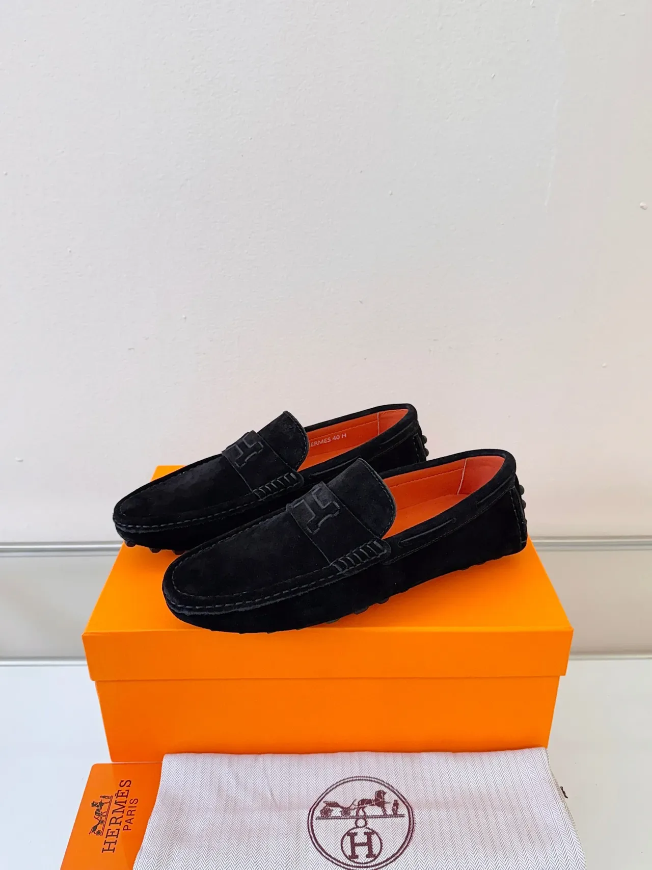 Hermès Oran Black Orange Suede Upper H-Logo Strap Loafer 2