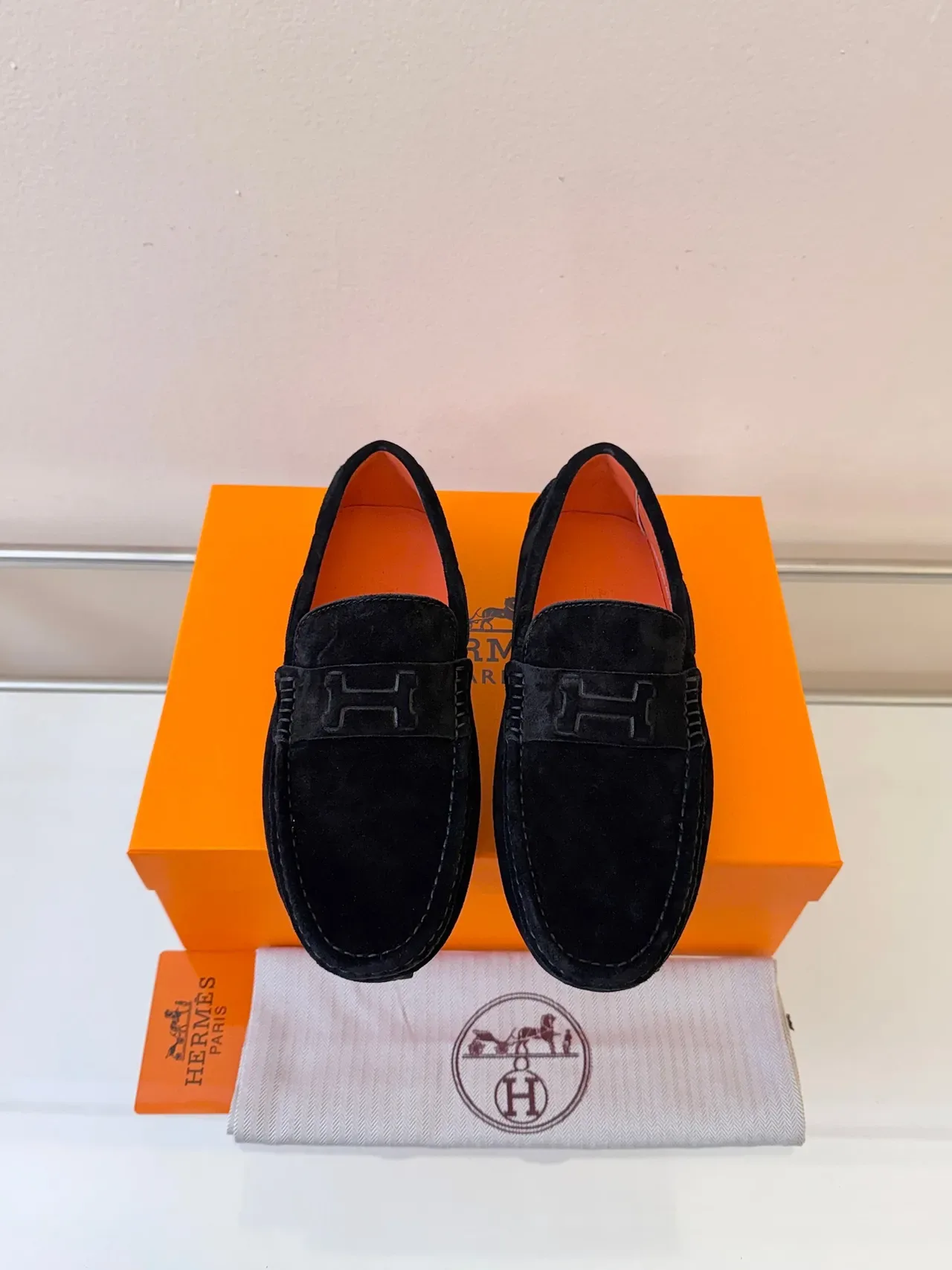 Hermès Oran Black Orange Suede Upper H-Logo Strap Loafer 6