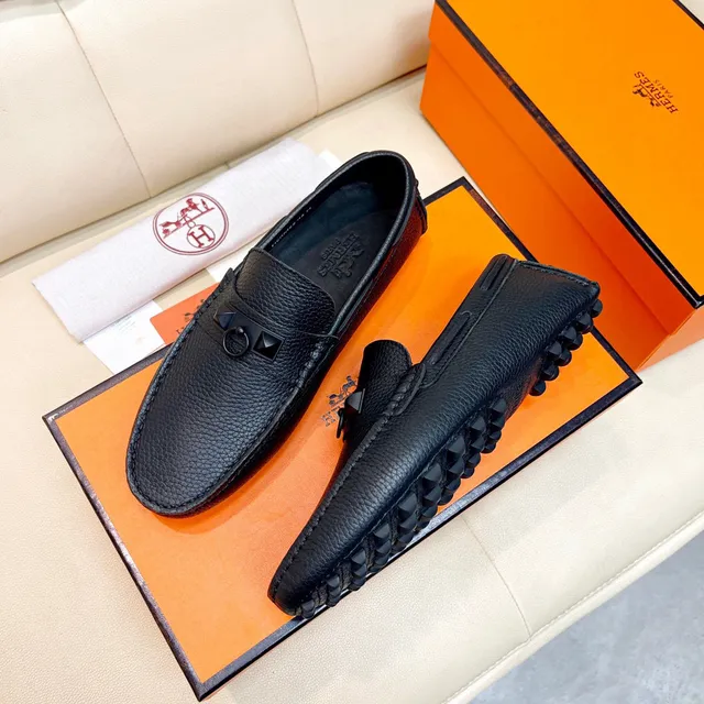 Hermès Oran Black Pebbled Leather Loafers 8