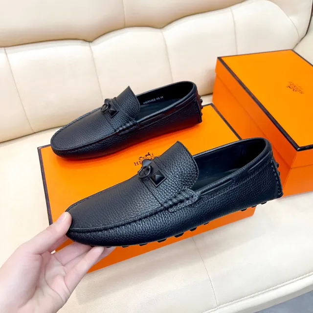 Hermès Oran Black Pebbled Leather Loafers 9