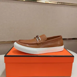 Hermès Oran Brown White Leather Slip-On H-Buckle Hardware Loafer