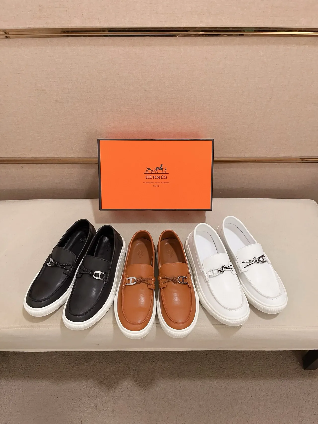Hermès Oran Brown White Leather Slip-On H-Buckle Hardware Loafer 2