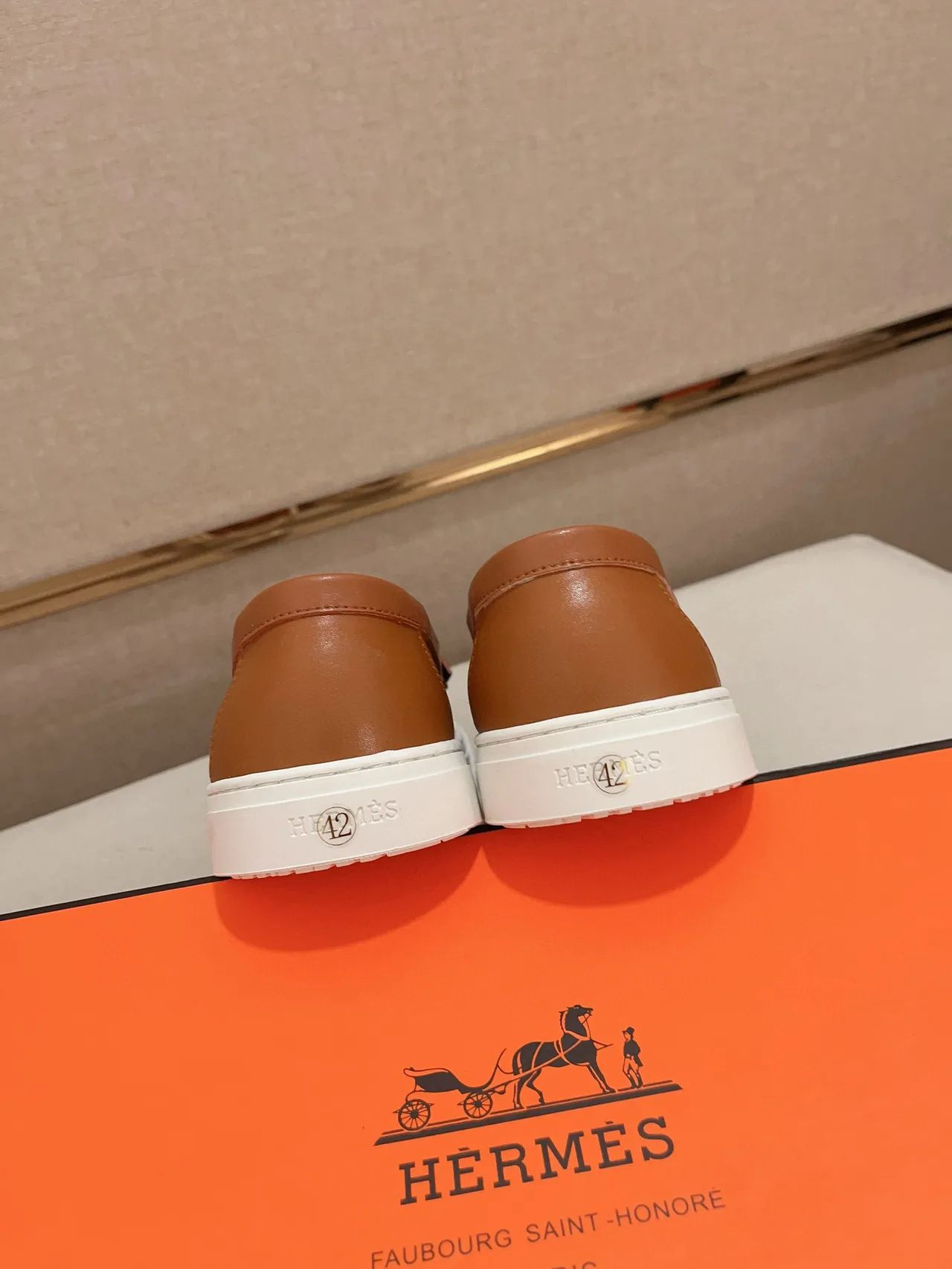 Hermès Oran Brown White Leather Slip-On H-Buckle Hardware Loafer 4