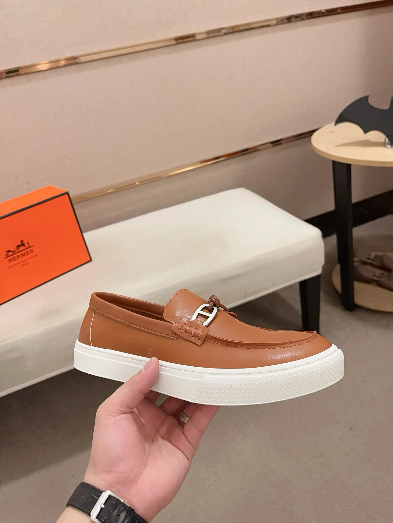 Hermès Oran Brown White Leather Slip-On H-Buckle Hardware Loafer 5