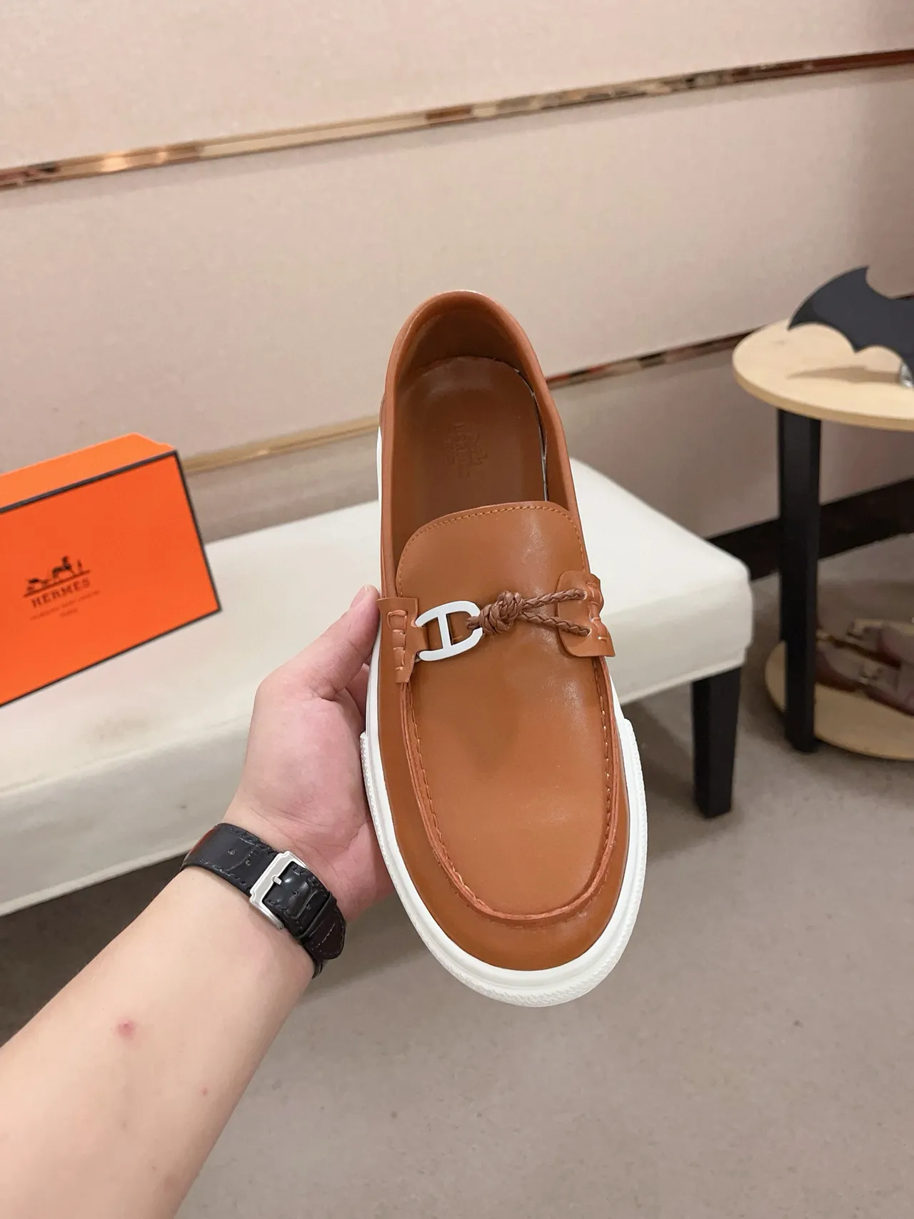 Hermès Oran Brown White Leather Slip-On H-Buckle Hardware Loafer 6