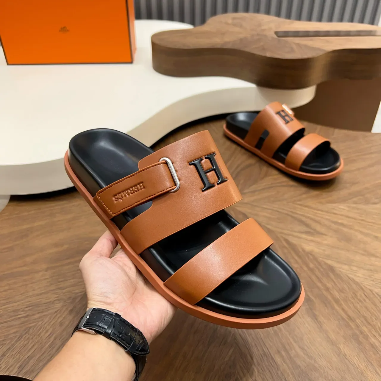 Hermès Oran Double-Strap Buckle Slippers 11