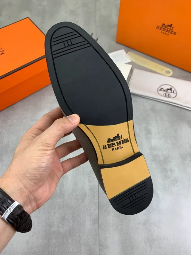 Hermès Oran Mocassin Cuir Peigné Gris Doré Boucle H-Turn Métal 2