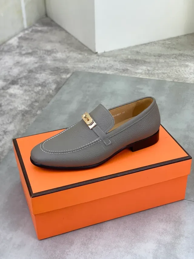 Hermès Oran Mocassin Cuir Peigné Gris Doré Boucle H-Turn Métal 4