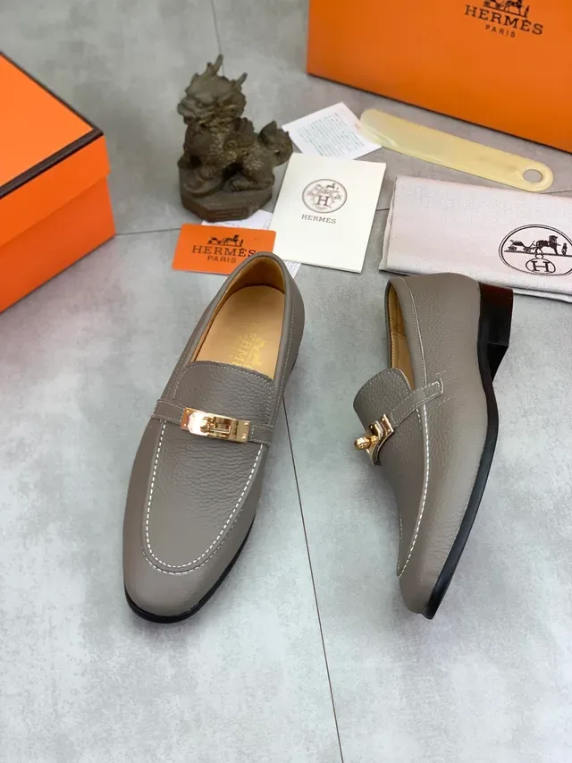Hermès Oran Mocassin Cuir Peigné Gris Doré Boucle H-Turn Métal 5