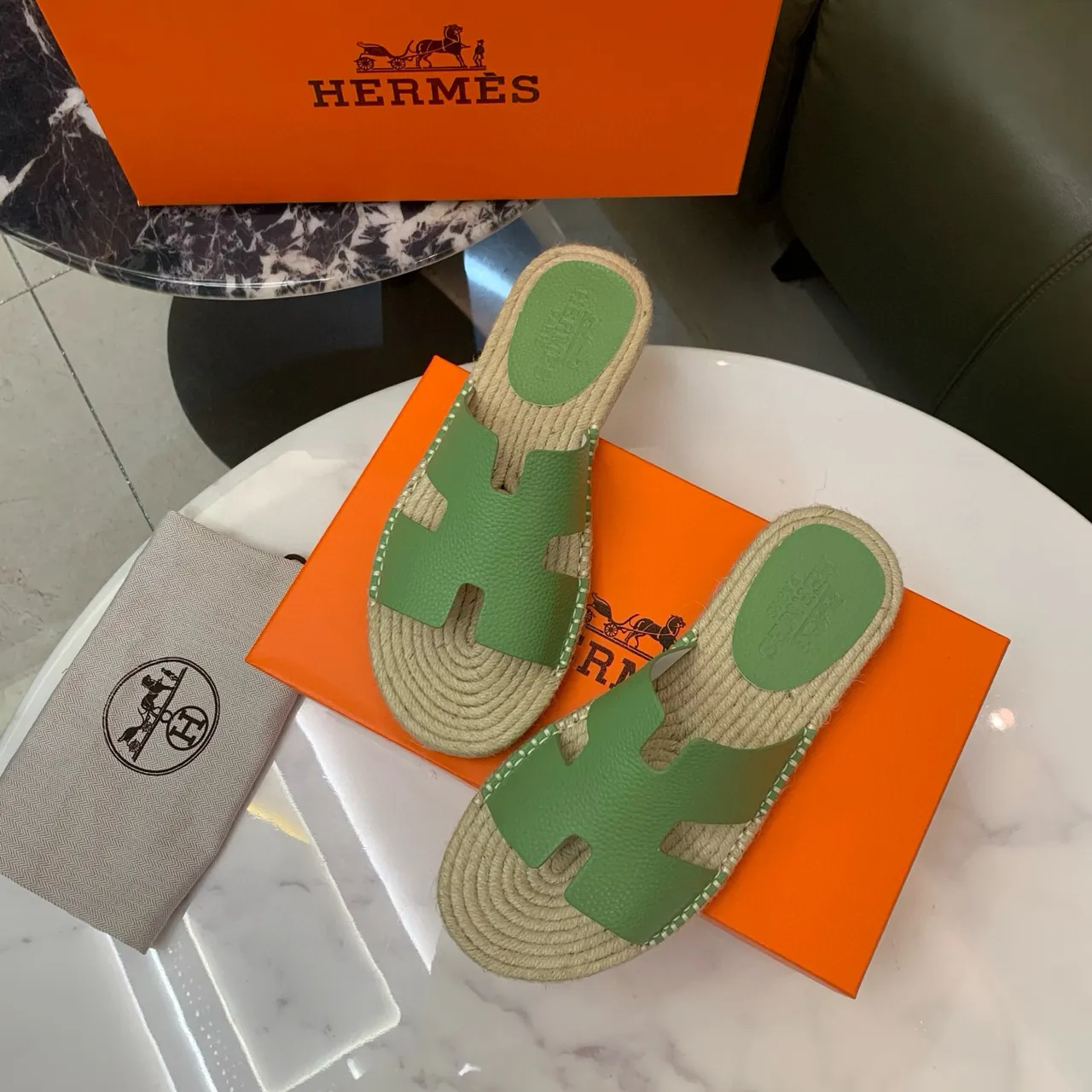 Hermès Oran Cuir Vert Lanière H-Strap Espadrilles 2