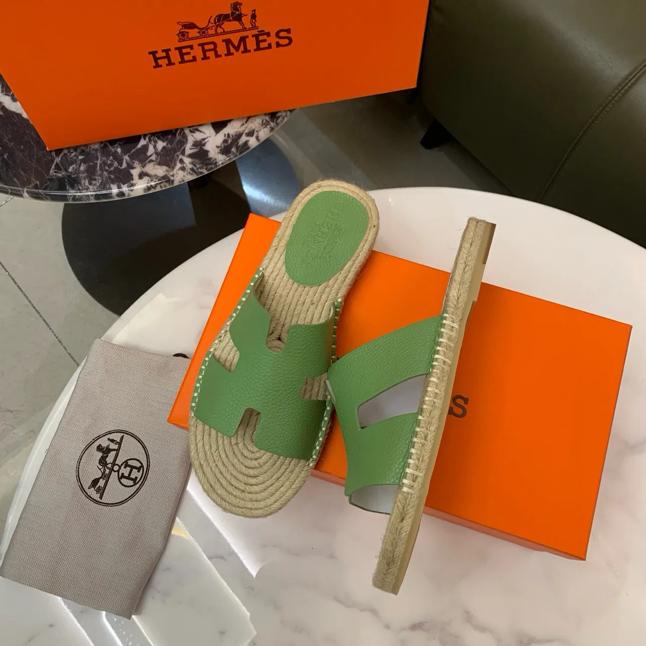 Hermès Oran Cuir Vert Lanière H-Strap Espadrilles 3