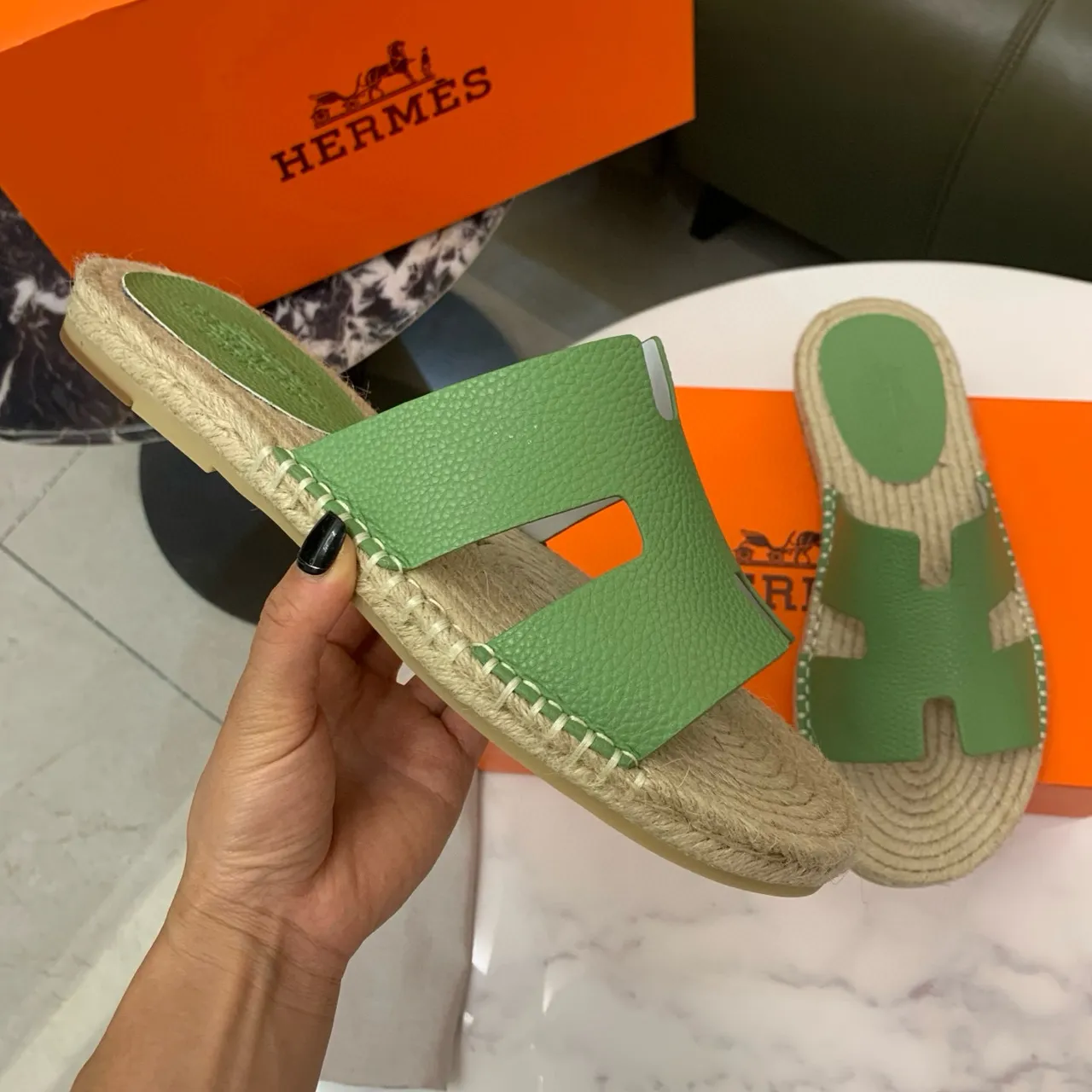 Hermès Oran Cuir Vert Lanière H-Strap Espadrilles 5
