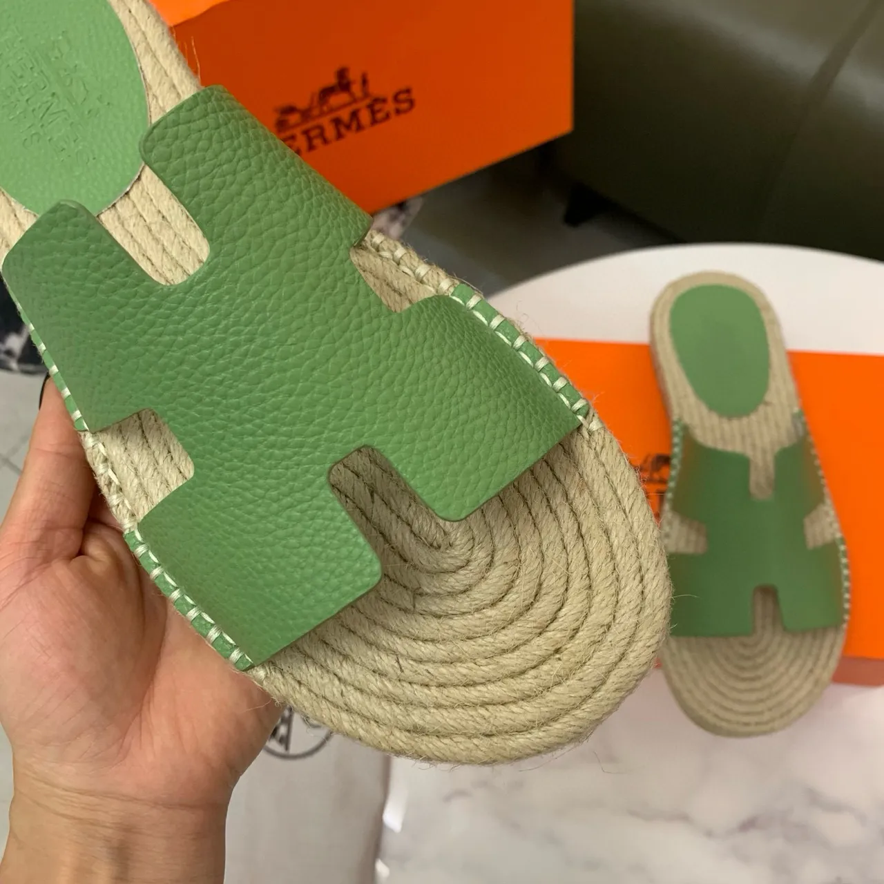 Hermès Oran Cuir Vert Lanière H-Strap Espadrilles 6