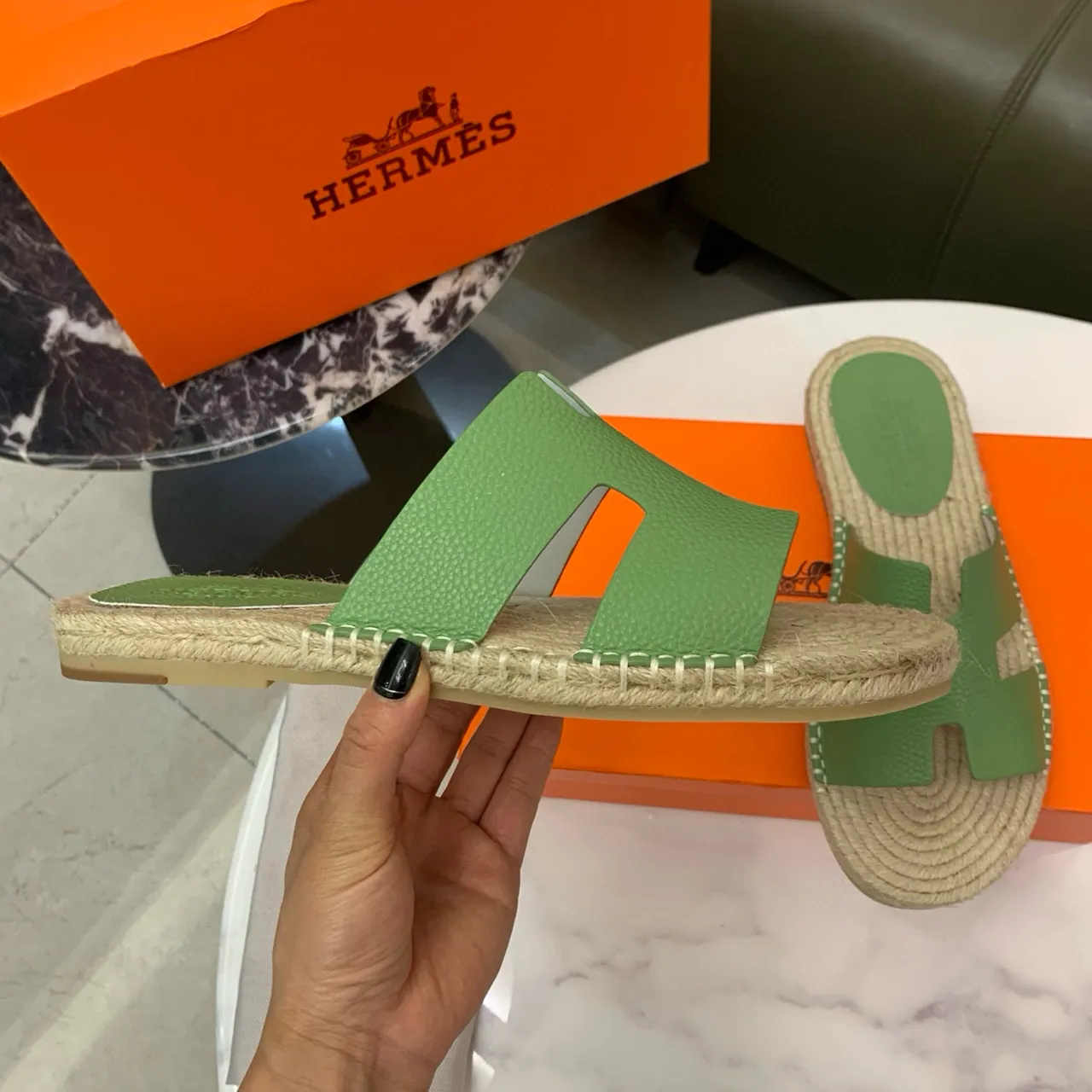 Hermès Oran Cuir Vert Lanière H-Strap Espadrilles 7