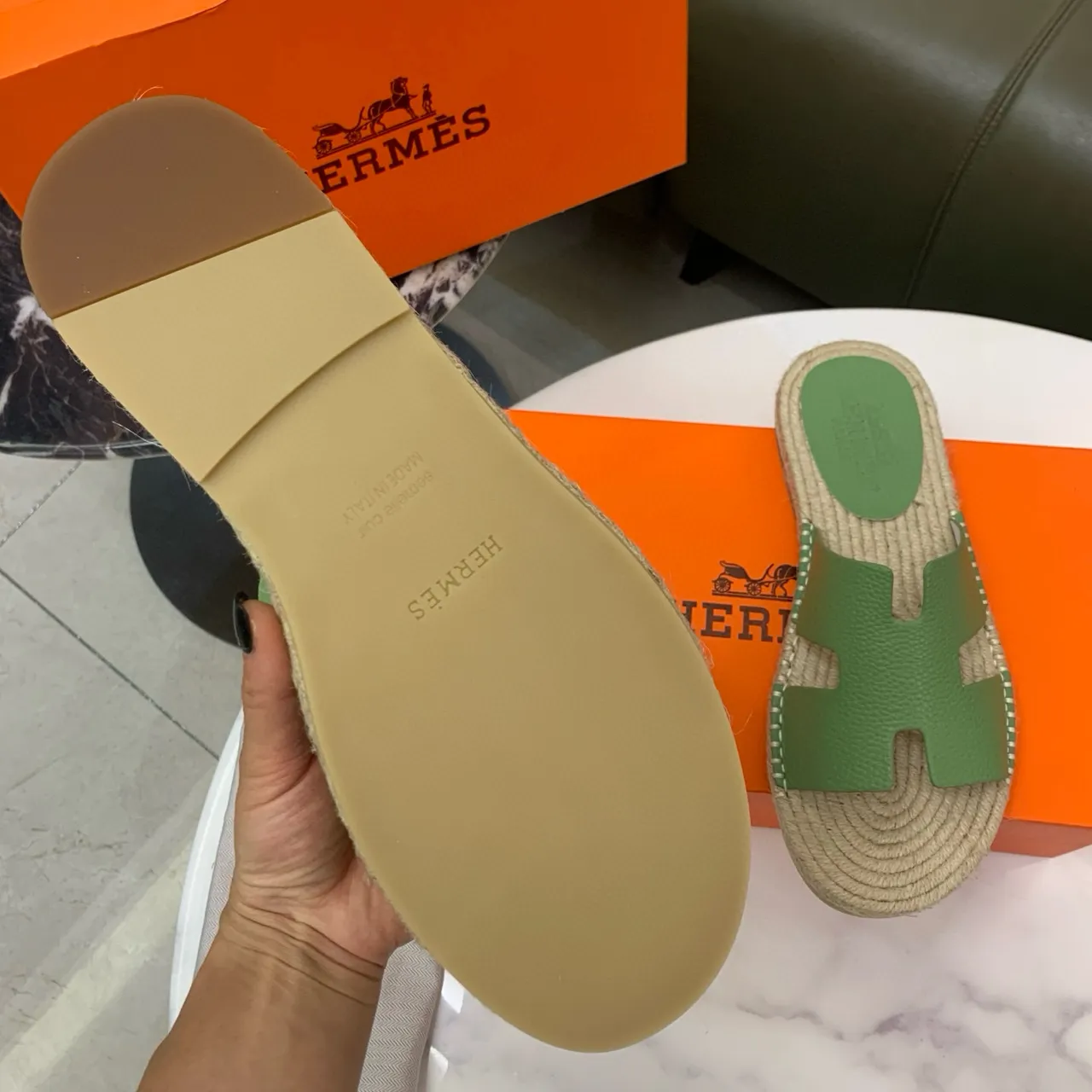Hermès Oran Cuir Vert Lanière H-Strap Espadrilles 8