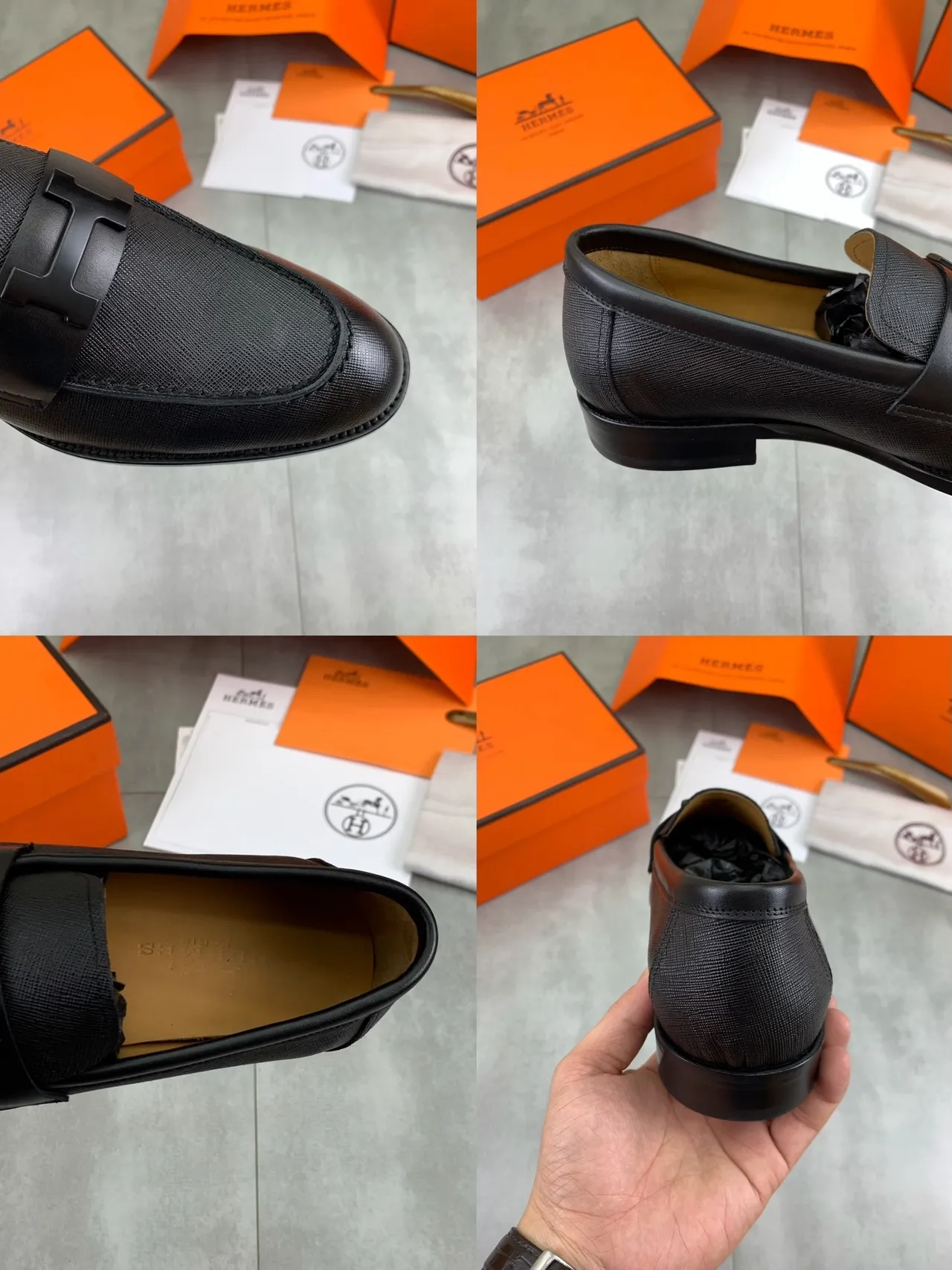 Hermès Oran Loafer جلد أسود ذو نسيج H-Buckle لوفر 2
