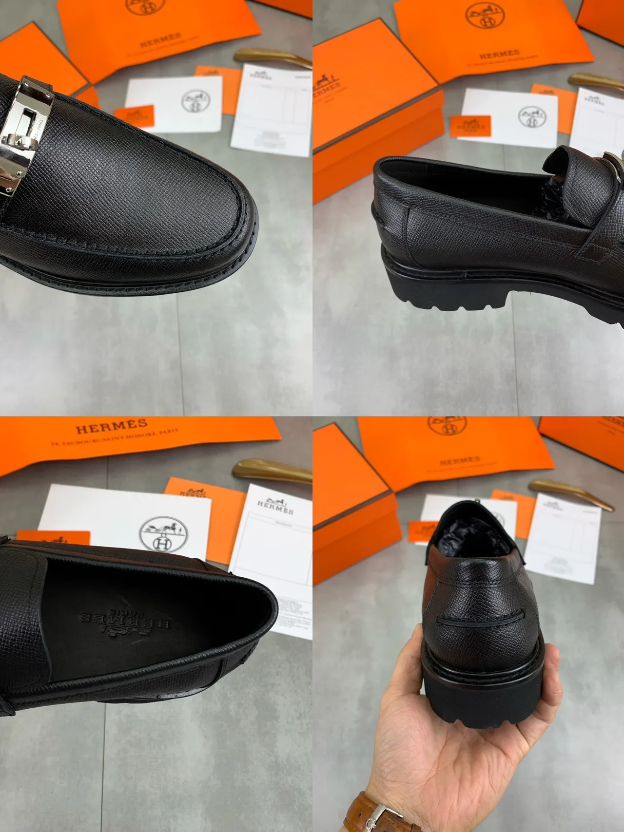 Hermès Oran Loafer couro preto texturizado H-Buckle Slip-On Loafers 2