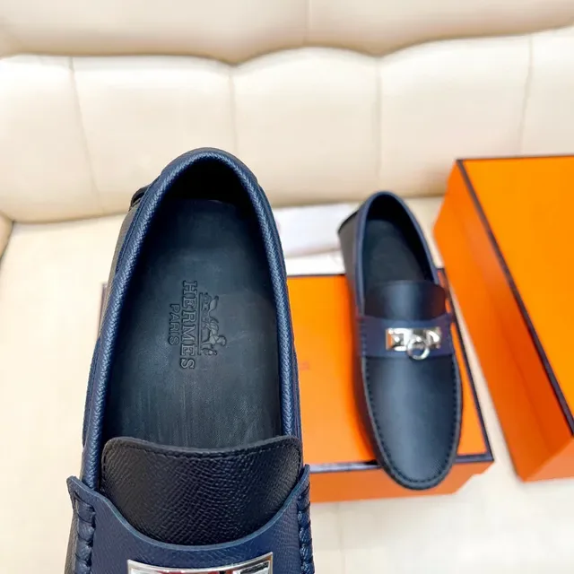 Hermès Oran أزرق بحري جلد منسوج لافر slip-on 2