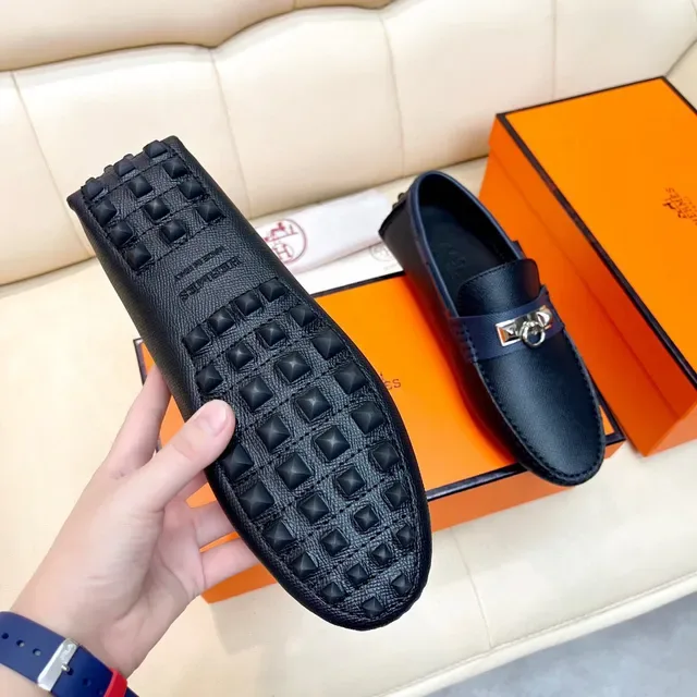 Hermès Oran أزرق بحري جلد منسوج لافر slip-on 4