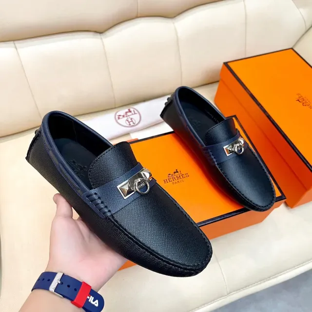 Hermès Oran أزرق بحري جلد منسوج لافر slip-on 5
