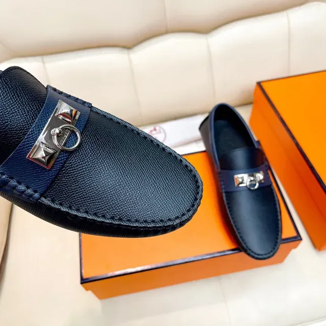 Hermès Oran أزرق بحري جلد منسوج لافر slip-on 6