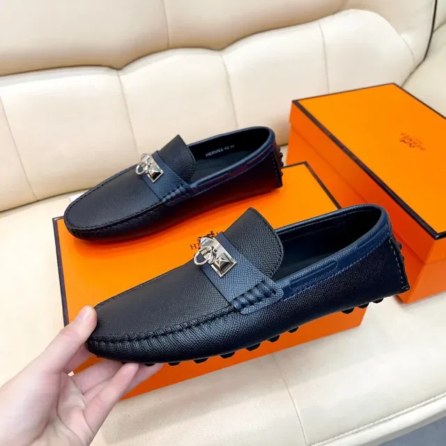 Hermès Oran أزرق بحري جلد منسوج لافر slip-on 7