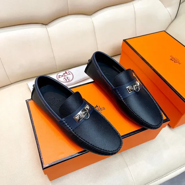 Hermès Oran أزرق بحري جلد منسوج لافر slip-on 8