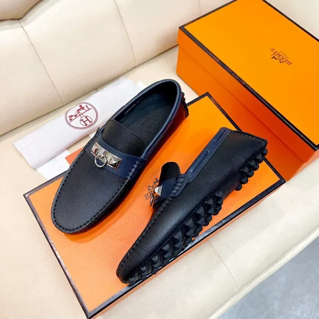 Hermès Oran أزرق بحري جلد منسوج لافر slip-on 9