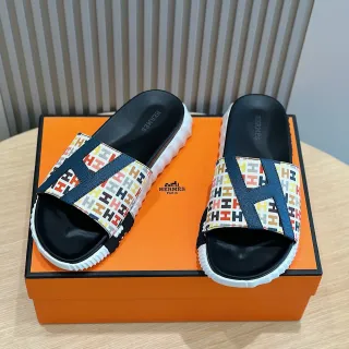Hermès Oran Multicolor Navy H-Print Canvas Leather Overlay Slippers