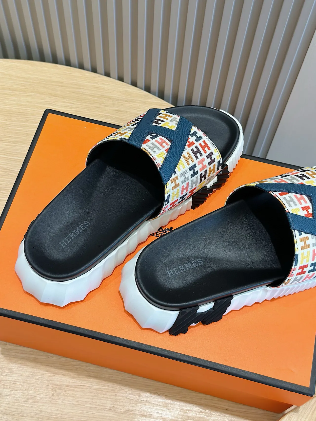 Hermès Oran Multicolor Navy H-Print Canvas Leather Overlay Slippers 6