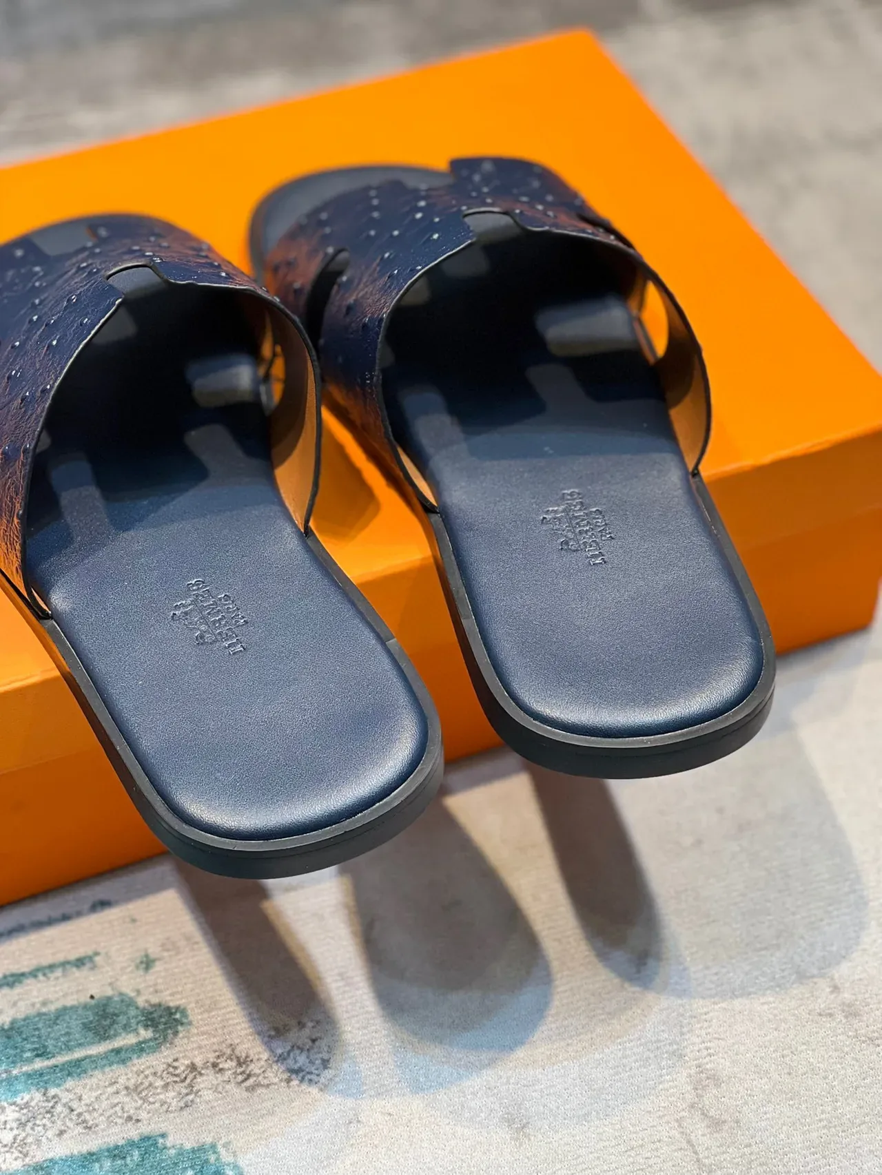 Hermès Oran Navy Ostrich-Embossed H-Strap Slippers 2